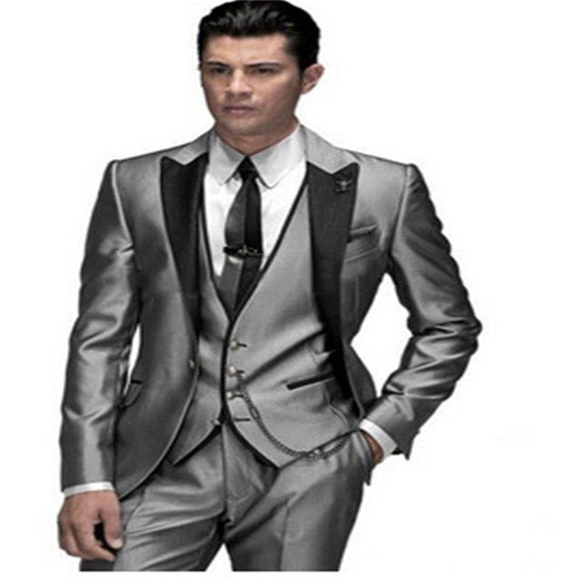 Nueva moda guapo gris oscuro traje de hombre traje de novio trajes de boda para los mejores hombres Slim Fit novio esmoquin para hombre (chaqueta + chaleco + pantalón)