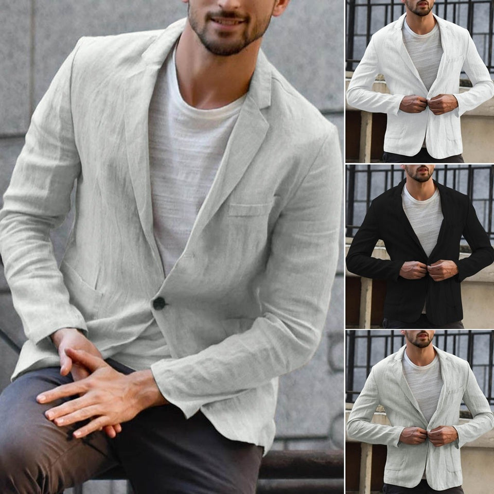NUEVA llegada del otoño delgada hombres de la chaqueta Slim Fit de lino Mezcla sólido del bolsillo de manga larga Trajes de chaqueta de la chaqueta Outwear пальто Freeship