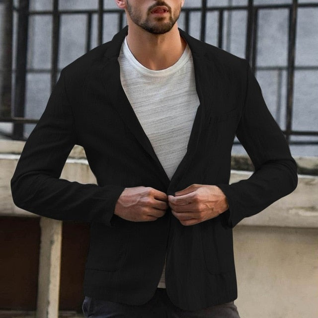 NUEVA llegada del otoño delgada hombres de la chaqueta Slim Fit de lino Mezcla sólido del bolsillo de manga larga Trajes de chaqueta de la chaqueta Outwear пальто Freeship