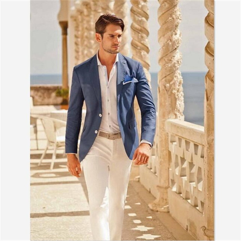 Trajes para hombre (chaqueta + pantalones) Diseñador informal Verano Boda en la playa Blazer azul Pantalones blancos 2 piezas Street Prom Best M