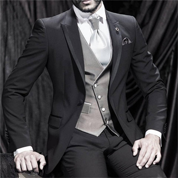Nueva moda guapo gris oscuro traje de hombre traje de novio trajes de boda para los mejores hombres Slim Fit novio esmoquin para hombre (chaqueta + chaleco + pantalón)