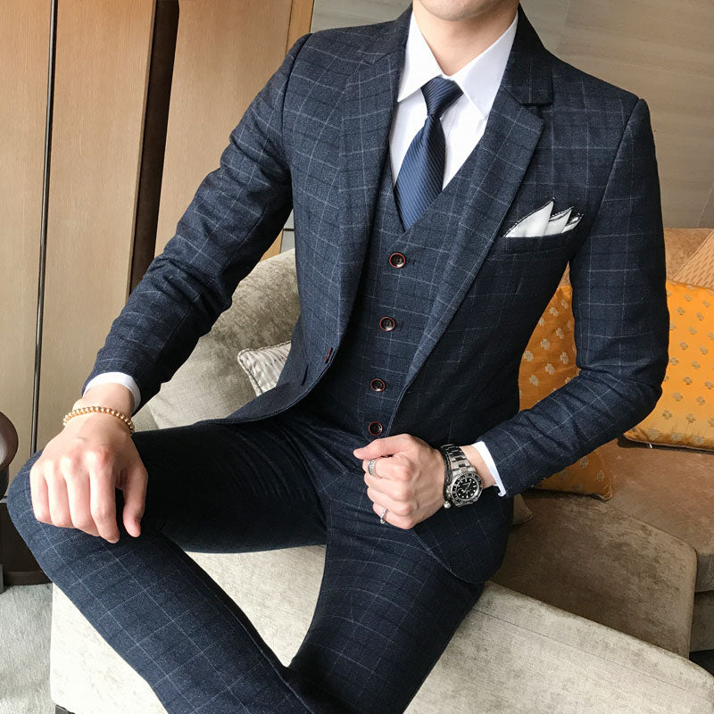 (Chaqueta + Chaleco + Pantalones) 2019 Traje de vestido de novia a cuadros de boutique de moda para hombres nuevos Trajes casuales de negocios formales masculinos de tres piezas