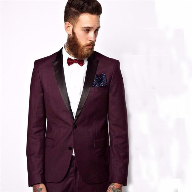 Padrinos de boda Negro pico solapa novio esmoquin burdeos traje de hombre boda mejor hombre (chaqueta + pantalones + corbata) trajes de alta calidad
